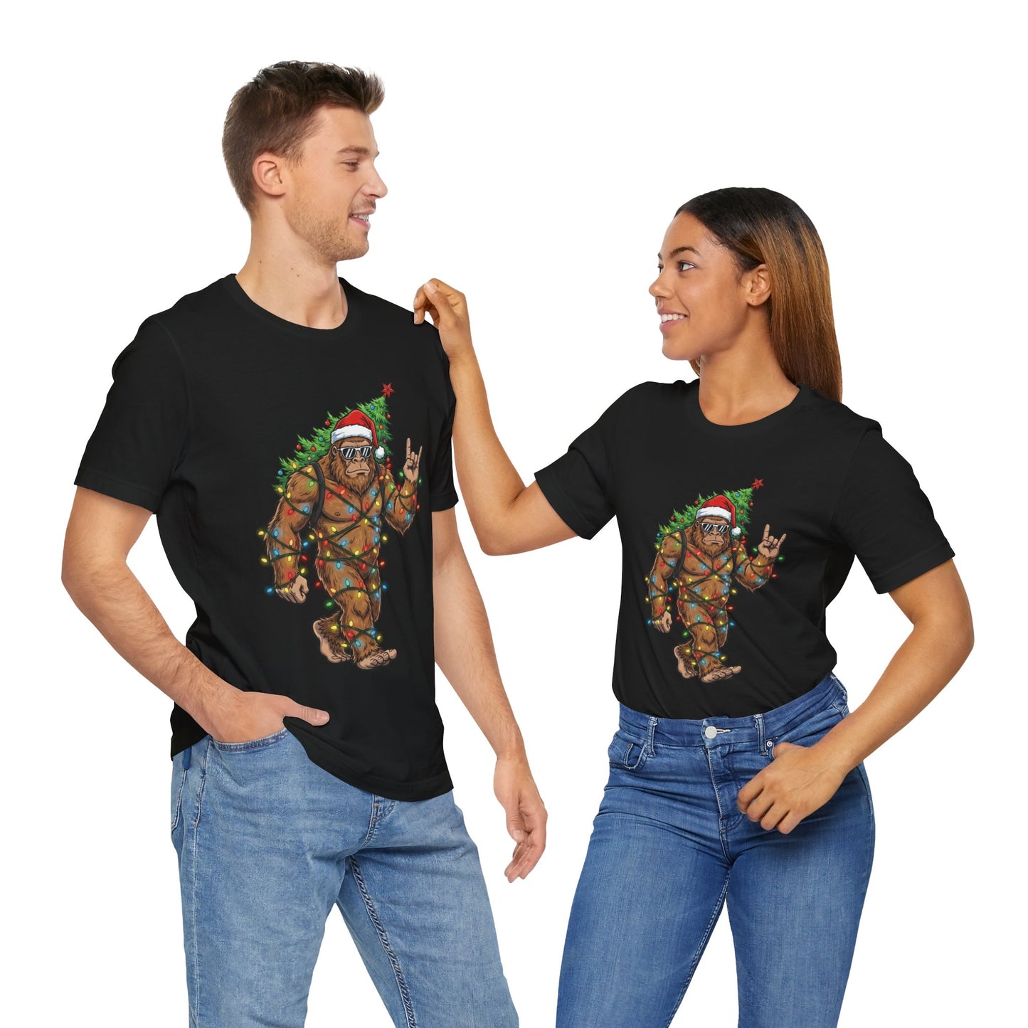 Bigfoot Wrapped in Lights & Santa Hat Holiday Christmas T-Shirt