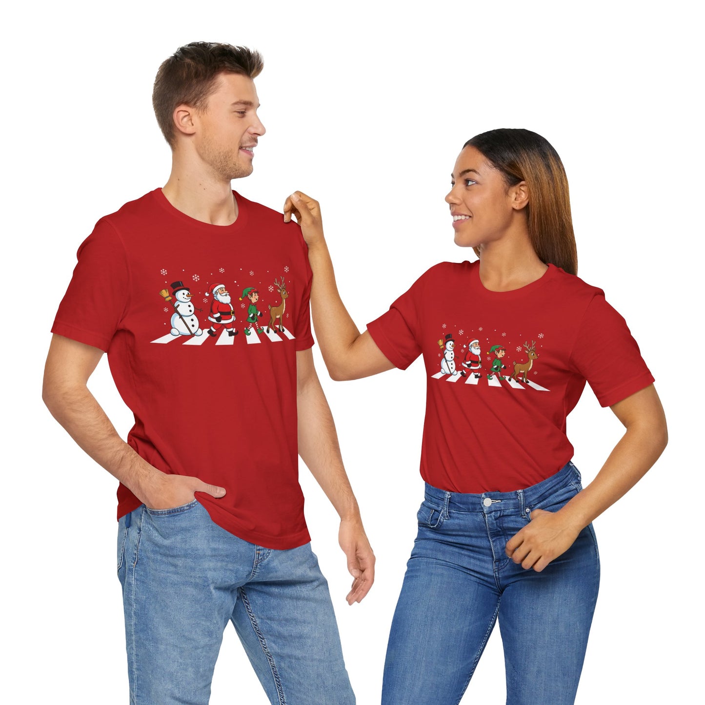 Christmas Crossing Tee — Santa, Elf, Snowman & Reindeer Holiday T-Shirt