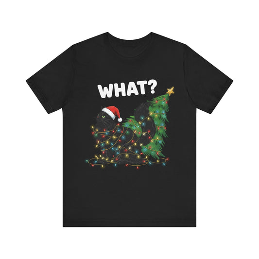 "What?" Cat Tangled in Lights Holiday Christmas T‑Shirt