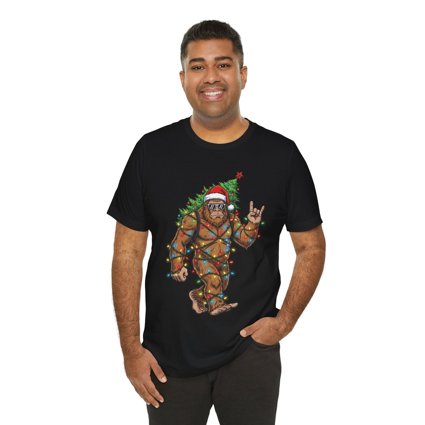 Bigfoot Wrapped in Lights & Santa Hat Holiday Christmas T-Shirt