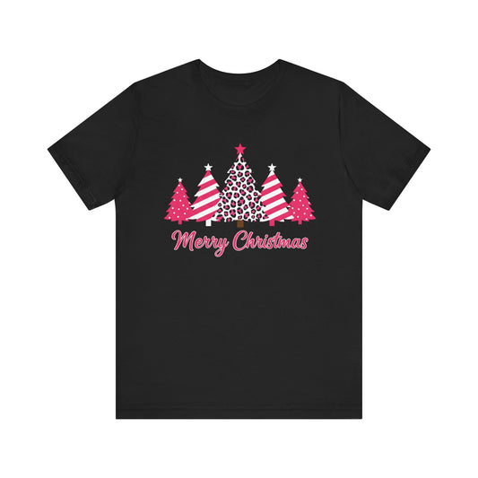 Merry Christmas Pink Patterned Trees Christmas T-Shirt