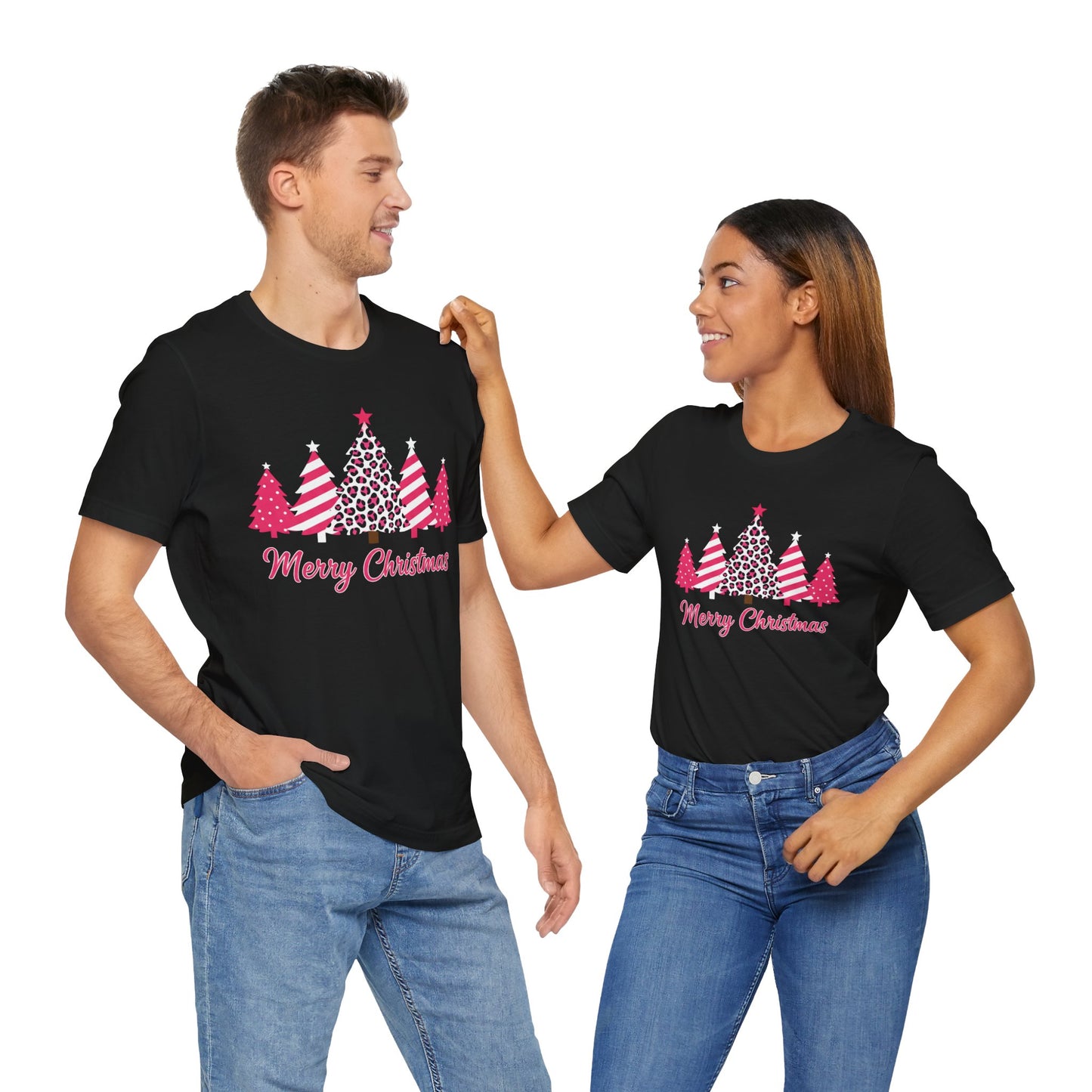 Merry Christmas Pink Patterned Trees Christmas T-Shirt
