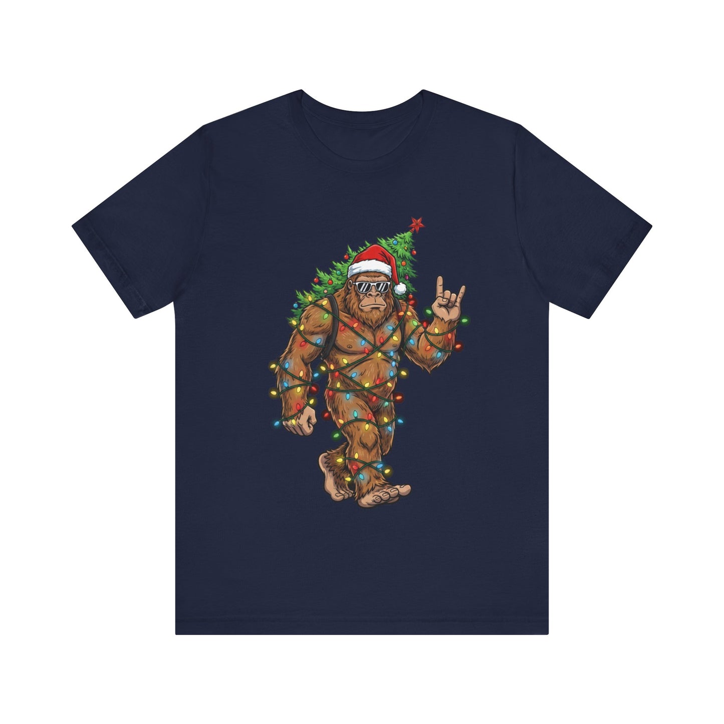 Bigfoot Wrapped in Lights & Santa Hat Holiday Christmas T-Shirt