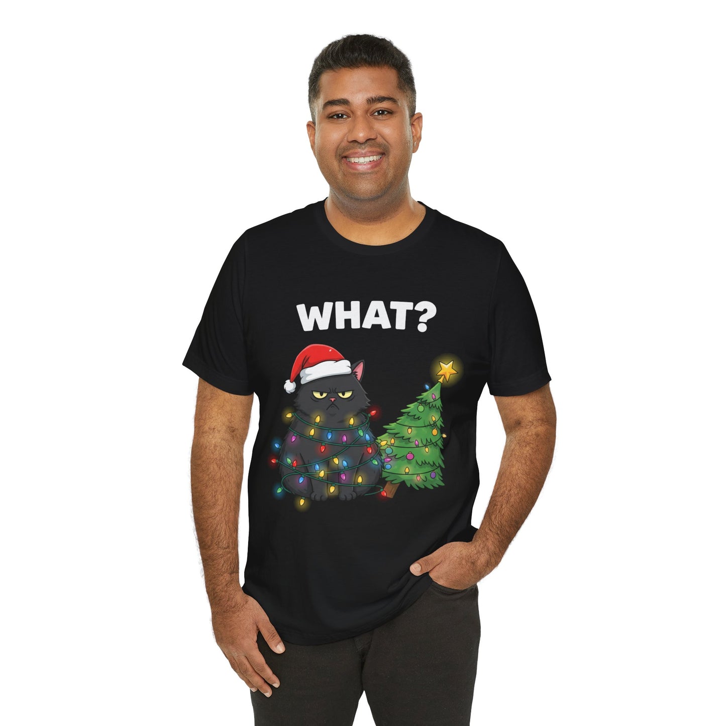 "WHAT?" Grumpy Cat Wrapped in Lights Holiday Christmas T‑Shirt