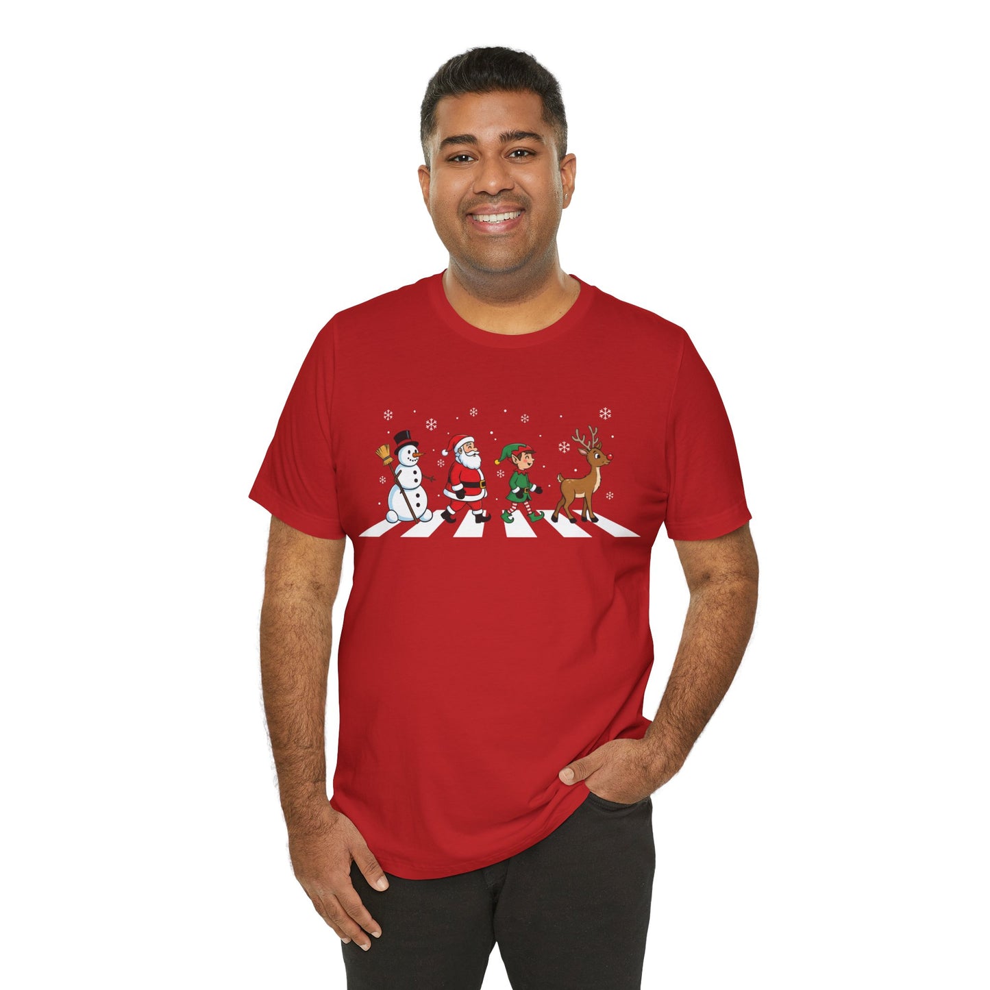 Christmas Crossing Tee — Santa, Elf, Snowman & Reindeer Holiday T-Shirt
