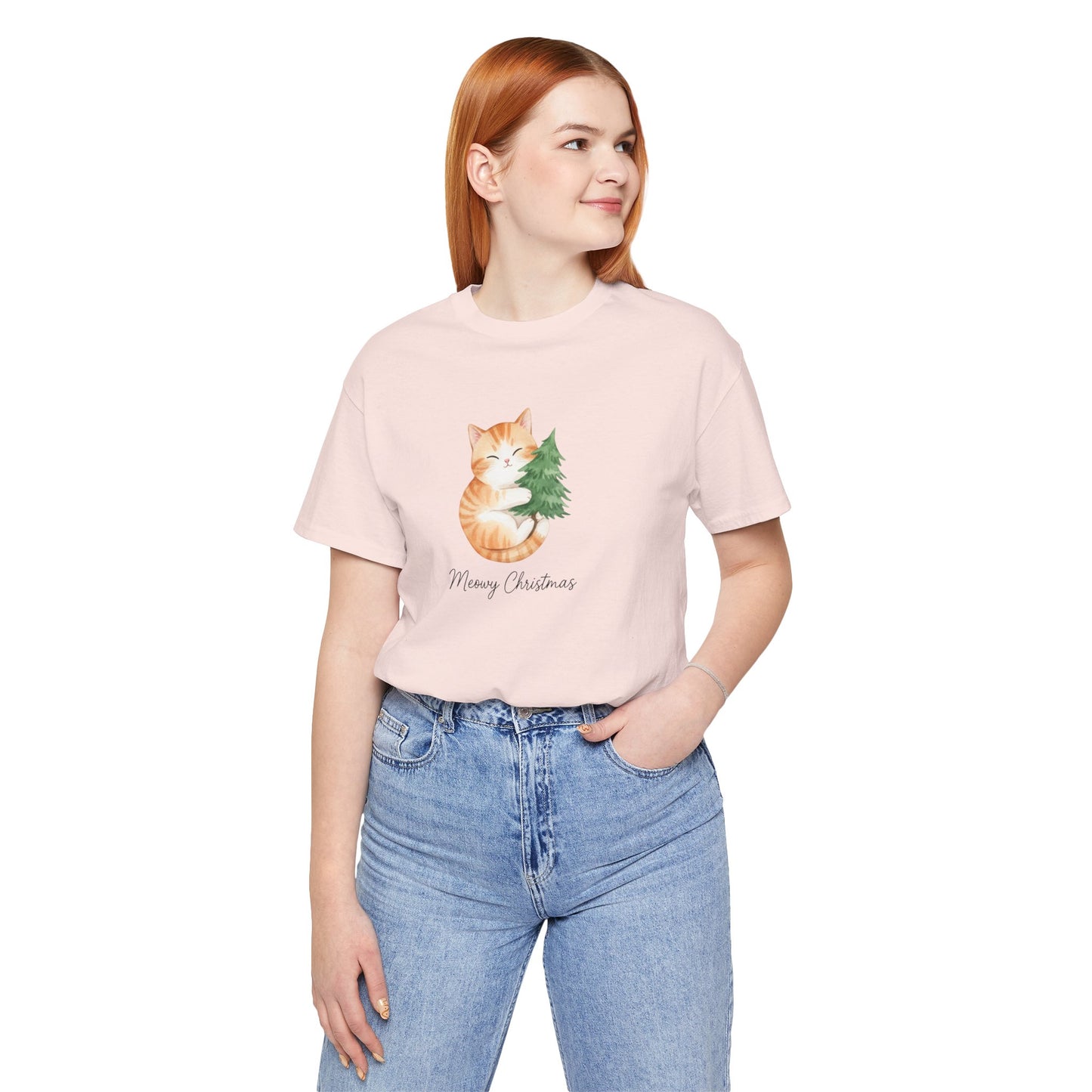 Cute Ginger Cat Hugging Tree “Merry Christmas” Holiday Christmas T‑Shirt