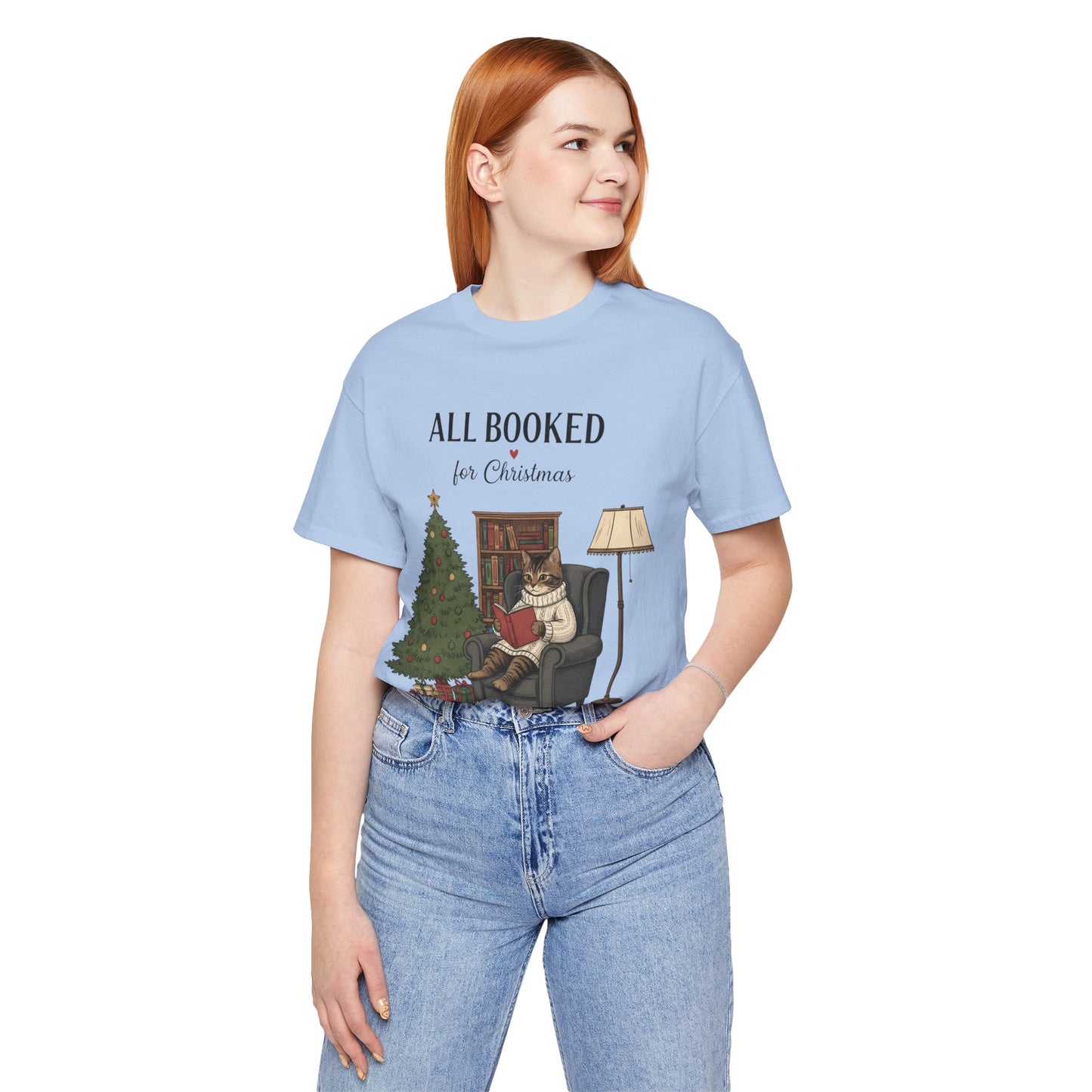 All Booked for Christmas T-Shirt — Cozy Reading Cat Holiday