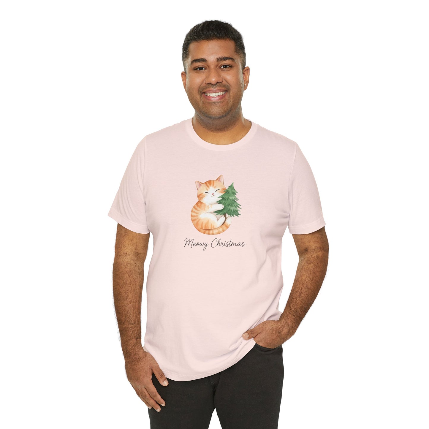 Cute Ginger Cat Hugging Tree “Merry Christmas” Holiday Christmas T‑Shirt