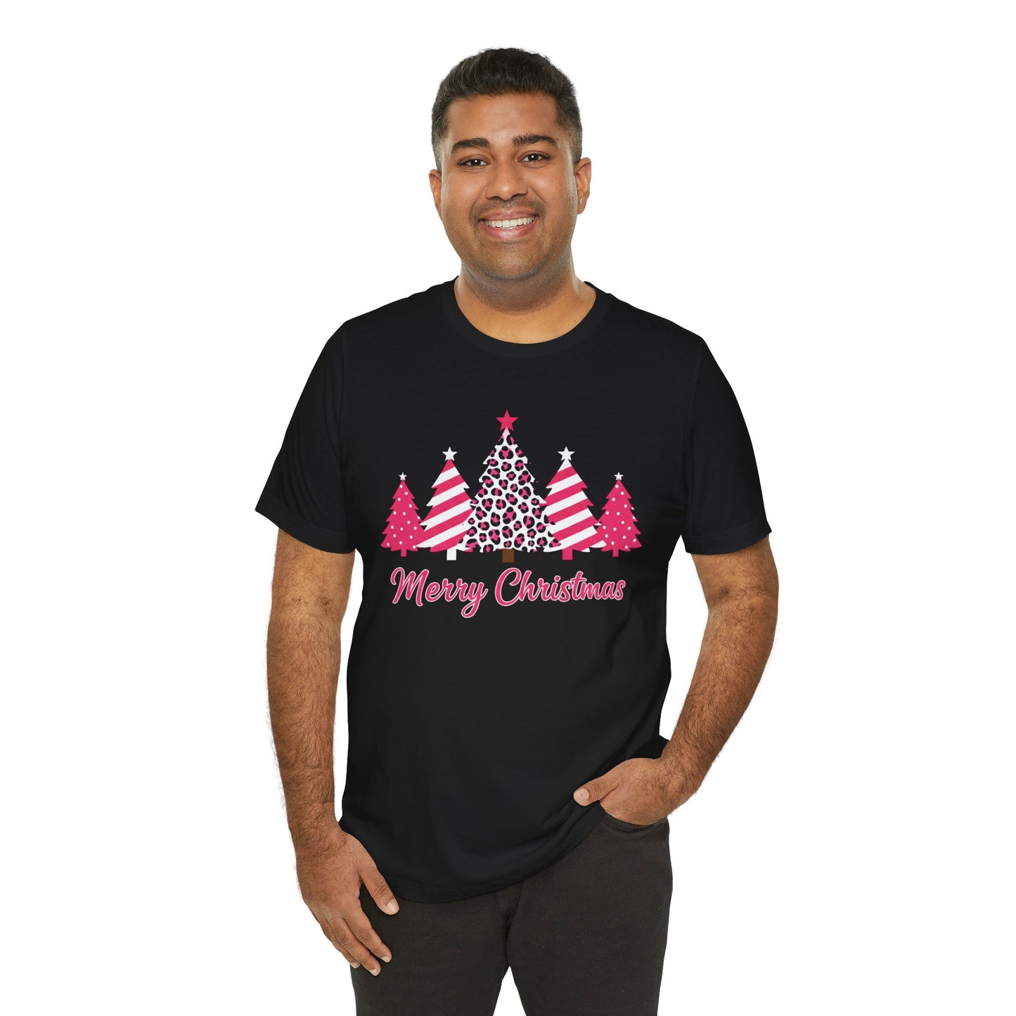 Merry Christmas Pink Patterned Trees Christmas T-Shirt