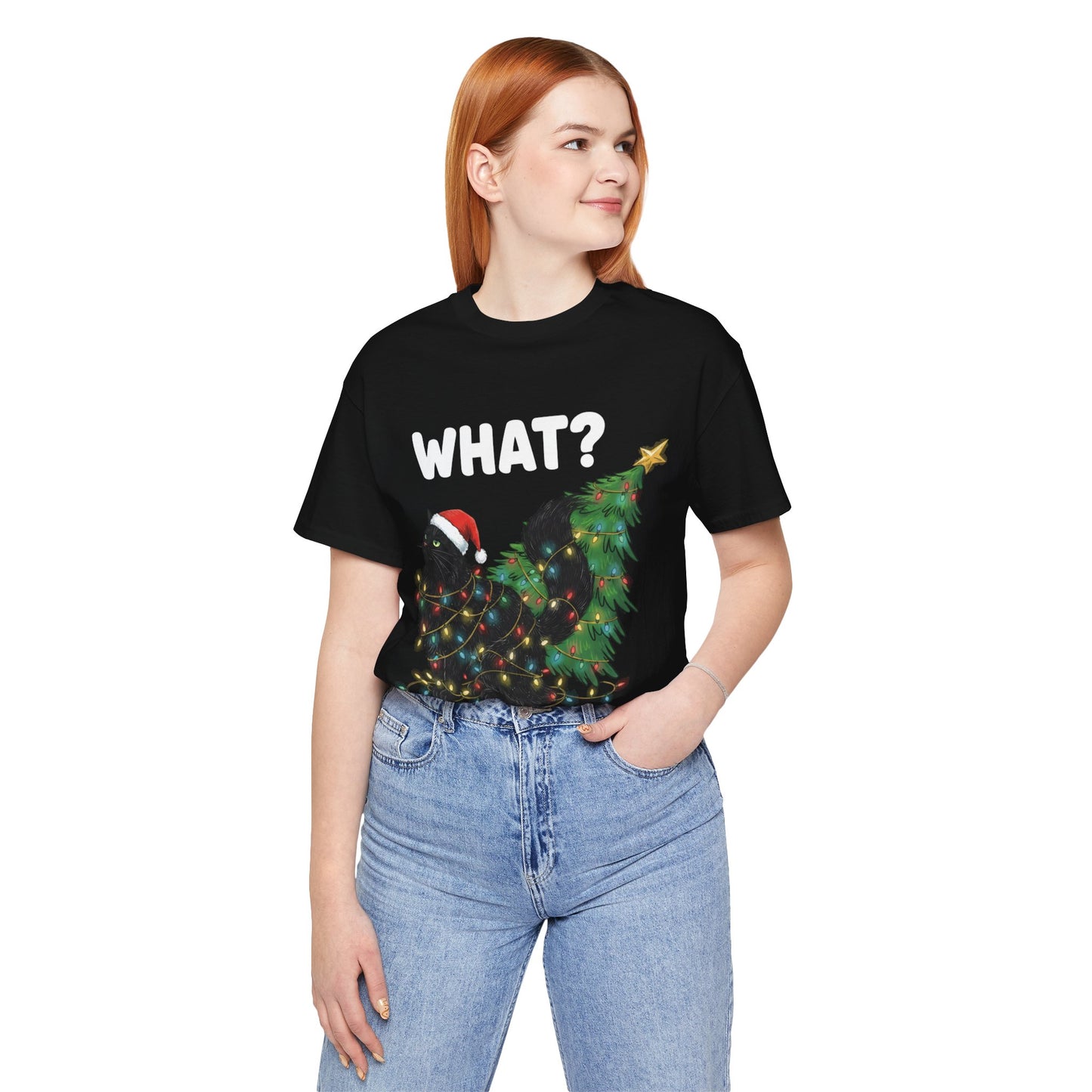 "What?" Cat Tangled in Lights Holiday Christmas T‑Shirt