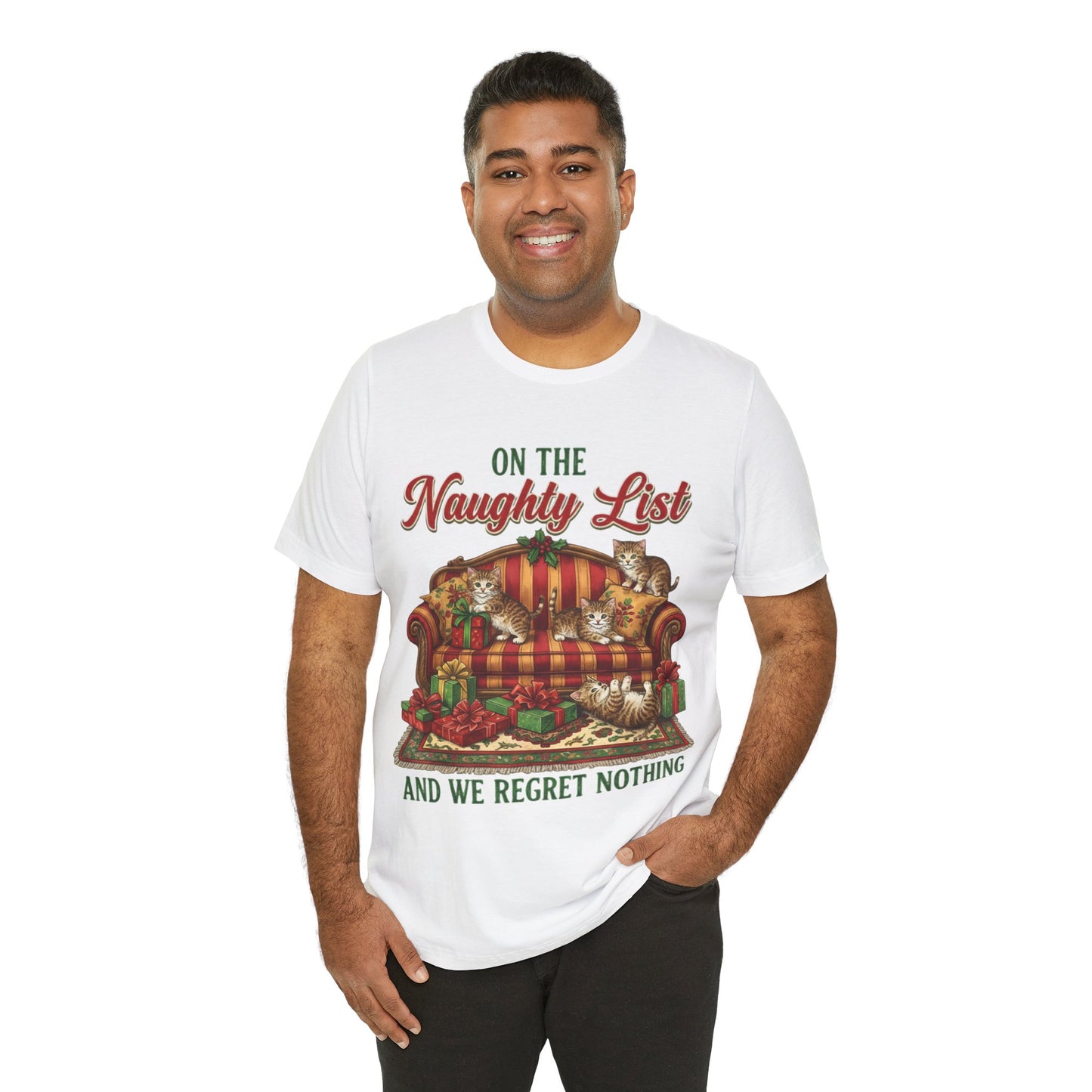 Cat "On the Naughty List and We Regret Nothing" Christmas T‑Shirt
