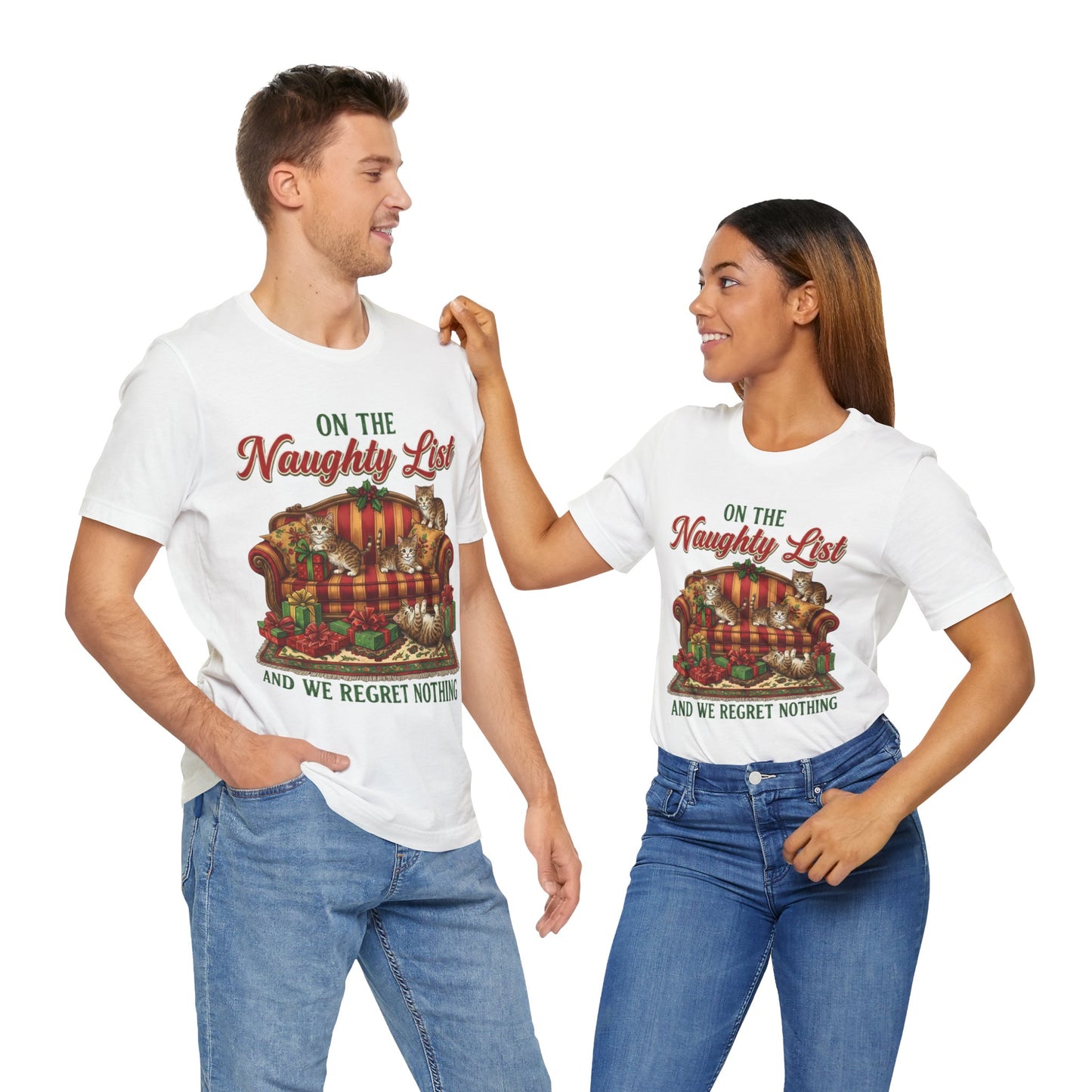 Cat "On the Naughty List and We Regret Nothing" Christmas T‑Shirt