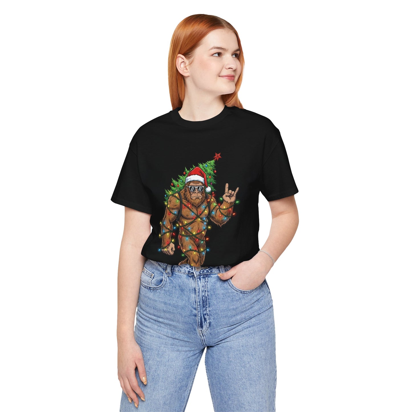 Bigfoot Wrapped in Lights & Santa Hat Holiday Christmas T-Shirt