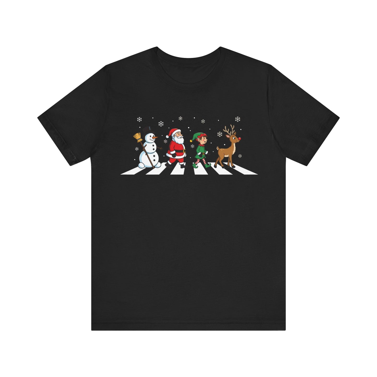 Christmas Crossing Tee — Santa, Elf, Snowman & Reindeer Holiday T-Shirt