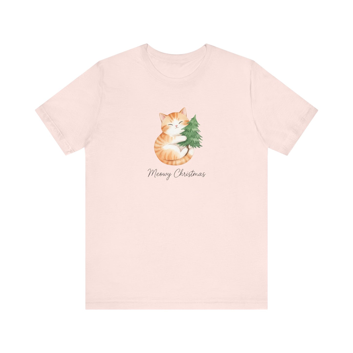 Cute Ginger Cat Hugging Tree “Merry Christmas” Holiday Christmas T‑Shirt