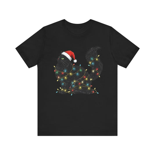 Santa Hat & Holiday Lights Cat Christmas T‑Shirt