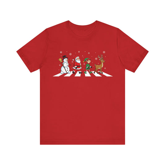 Christmas Crossing Tee — Santa, Elf, Snowman & Reindeer Holiday T-Shirt