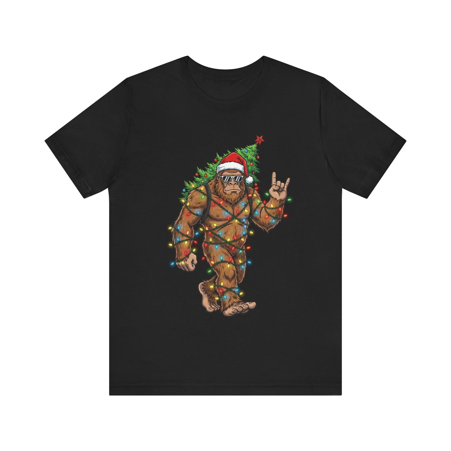 Bigfoot Wrapped in Lights & Santa Hat Holiday Christmas T-Shirt