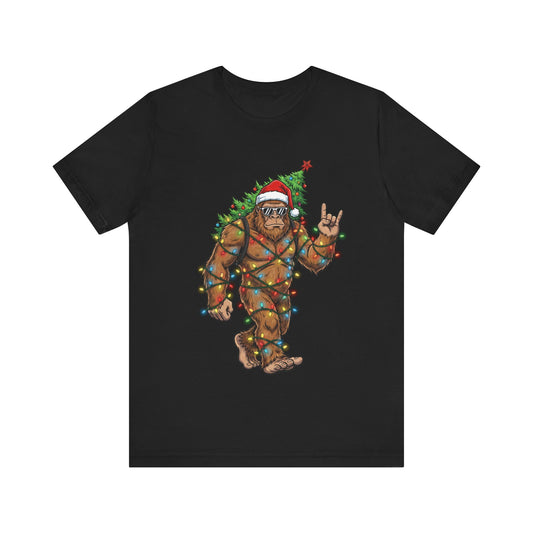 Bigfoot Wrapped in Lights & Santa Hat Holiday Christmas T-Shirt