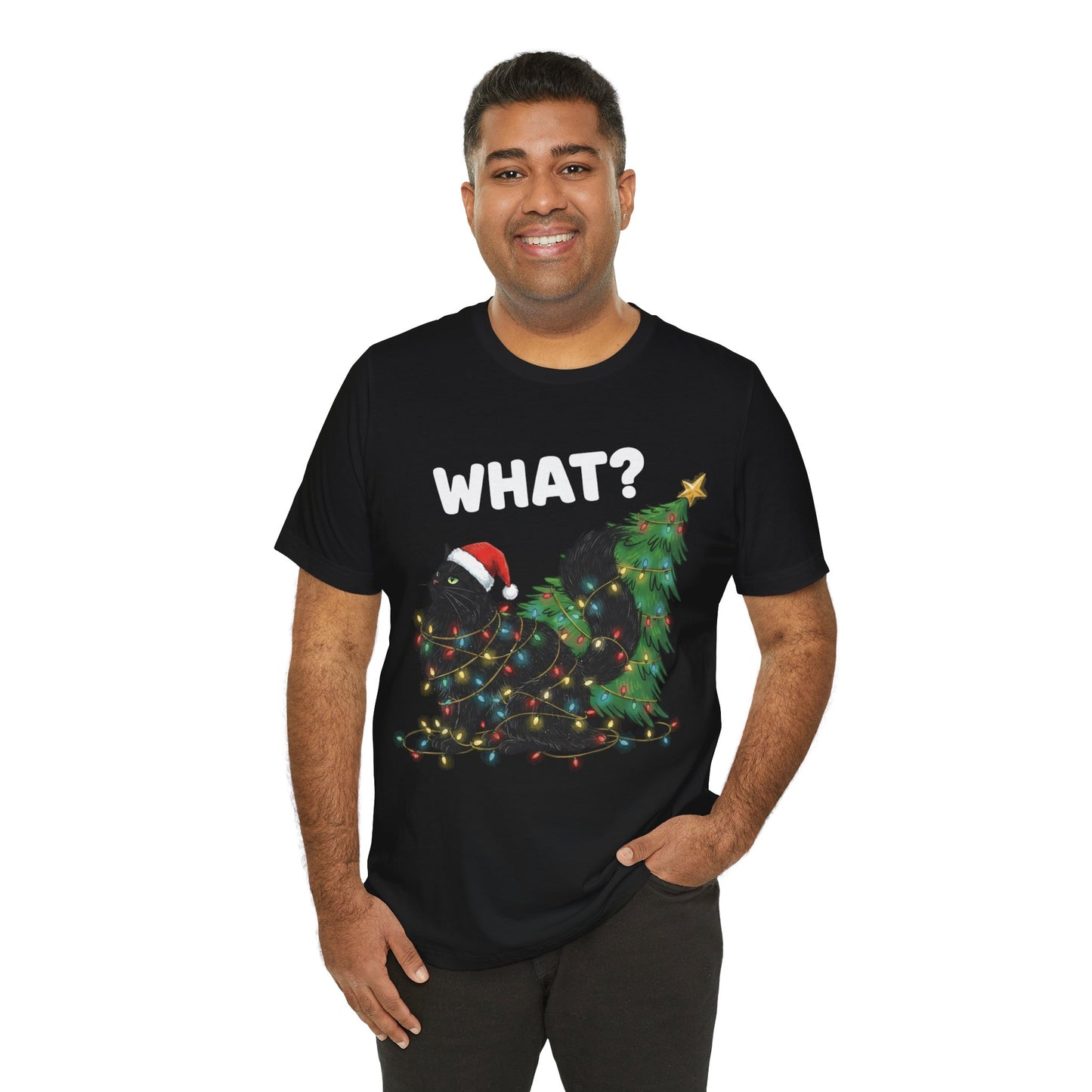 "What?" Cat Tangled in Lights Holiday Christmas T‑Shirt